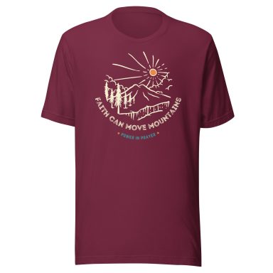Maroon T-shirt featuring a sun over mountains with the text "Even the sun must rest."