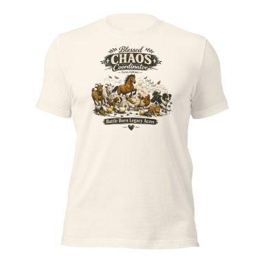 Light-colored t-shirt featuring a whimsical design of animals and the text "King of Chaos."