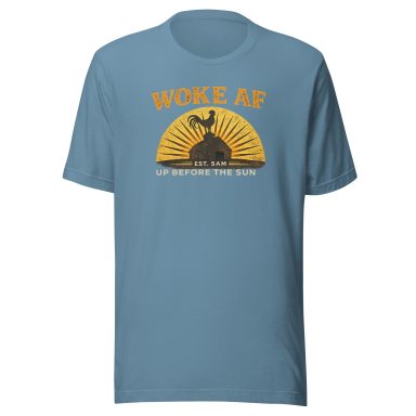 Light blue t-shirt with the text "WOKE AF" and a rising sun graphic.