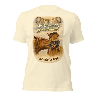 Beige T-shirt featuring a graphic of a horse's head with the text "Lord Help Us Both."