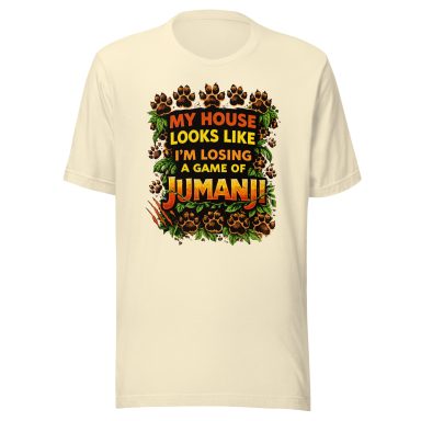 Cream t-shirt with the text "My house looks like I'm losing a game of Jumanji" and decorative elements.