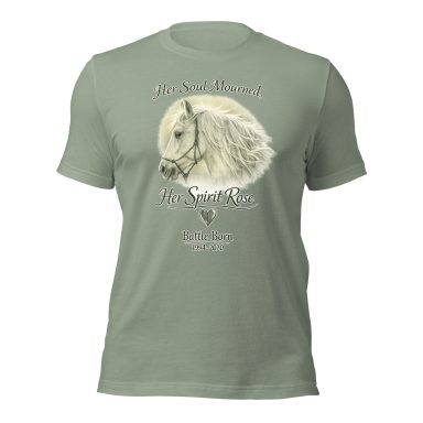 Light green t-shirt featuring a horse's head illustration with text.