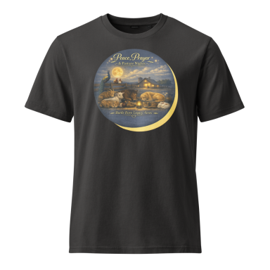 Black T-shirt featuring a scenic design with a moonlit landscape and a house.