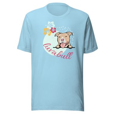 Light blue t-shirt featuring a cartoon of a playful pit bull and the word "Lovabull."