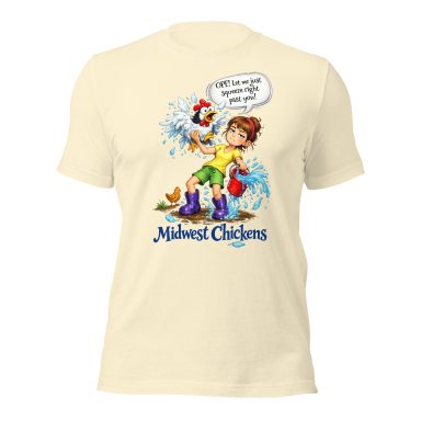 A cartoon boy splashes water while holding a rubber duck on a light-colored t-shirt.