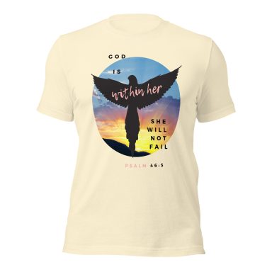 Light-colored t-shirt featuring an angel silhouette with inspirational text and a sunset background.