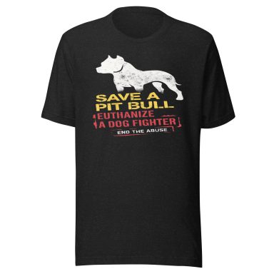 Black t-shirt featuring a graphic of a pit bull and text promoting pit bull rescue.