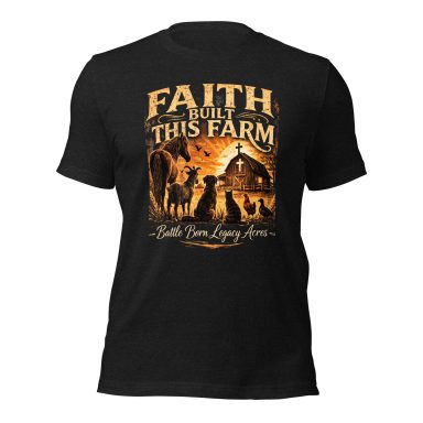 Black t-shirt with "Faith Builds This Farm" and a farm scene illustration.