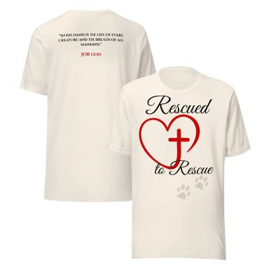 Cream-colored t-shirt with "Rescued to Rescue" text and heart design.
