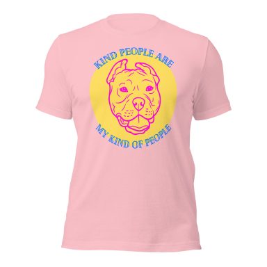 Light pink t-shirt with a colorful graphic of a dog and text saying "Kind people are my kind of people."