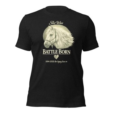 Black t-shirt featuring a graphic of a horse and the text "Battle Born."