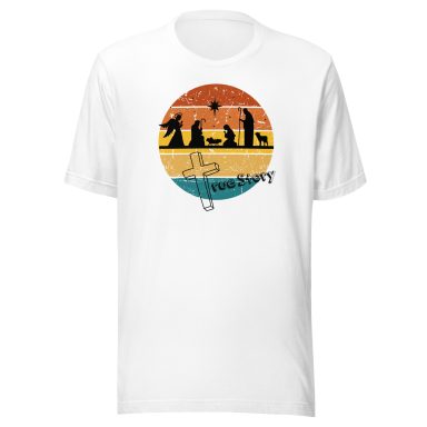 White t-shirt featuring a colorful sunset design with silhouettes of animals and a text slogan.